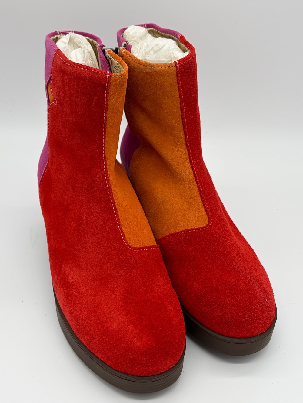 Colorblock Suede Ankle Boots - Red, Orange & Pink